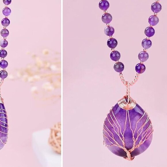 Healing Amethyst Necklace Natural Stone Wire Wrapped Pendant for Meditation - Picture 6 of 9